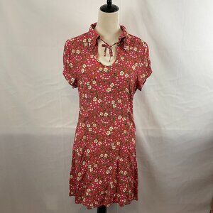 Rolla's Dress L Pink White Green Yellow Floral Collar Tie Detail Short Sleeve